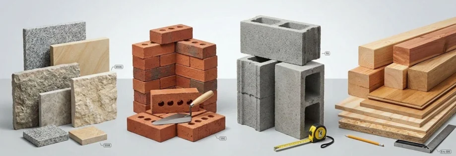 Materiales de construcción: piedra, ladrillo, bloque de hormigón y madera