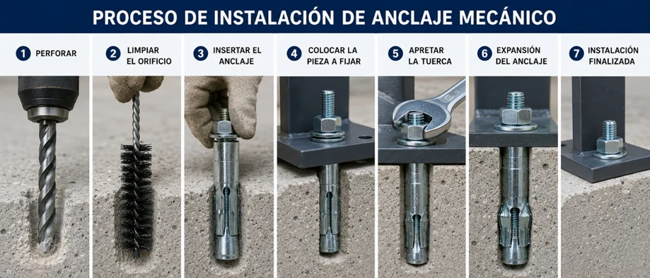 Proceso de instalación de un anclaje mecánico paso a paso